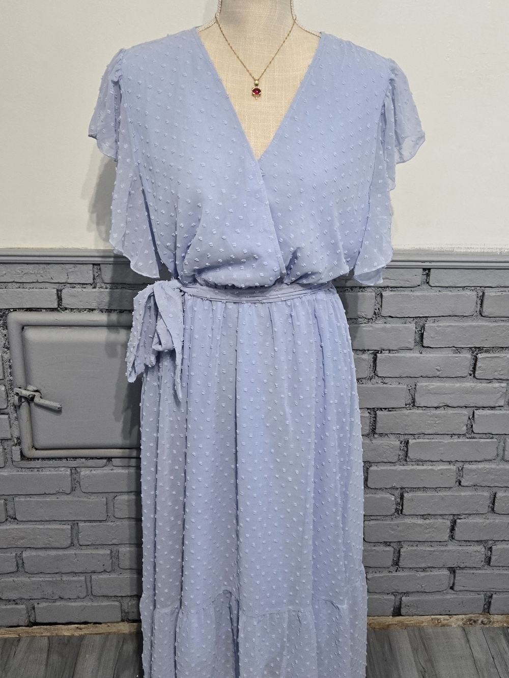 Light Blue Swiss Dot Wrap Maxi Dress with Tie Waist